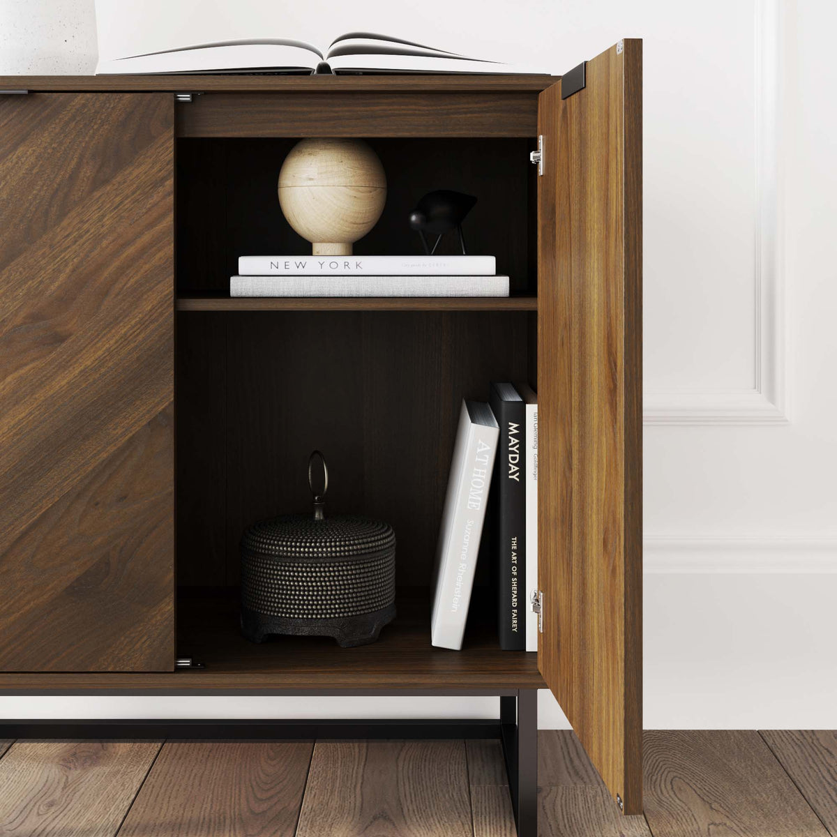 Wood Herringbone TV Console for TVs up to 75" Walnut