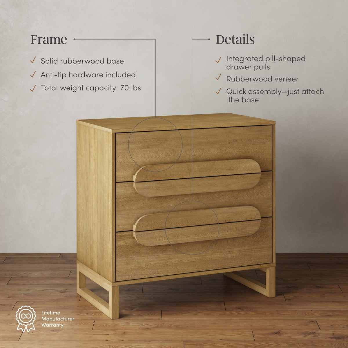 Modern Solid Wood 3-Drawer Dresser with Integrated