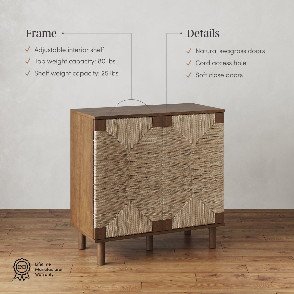 Wood TV Console for TVs up to 75" with Seagrass Doors