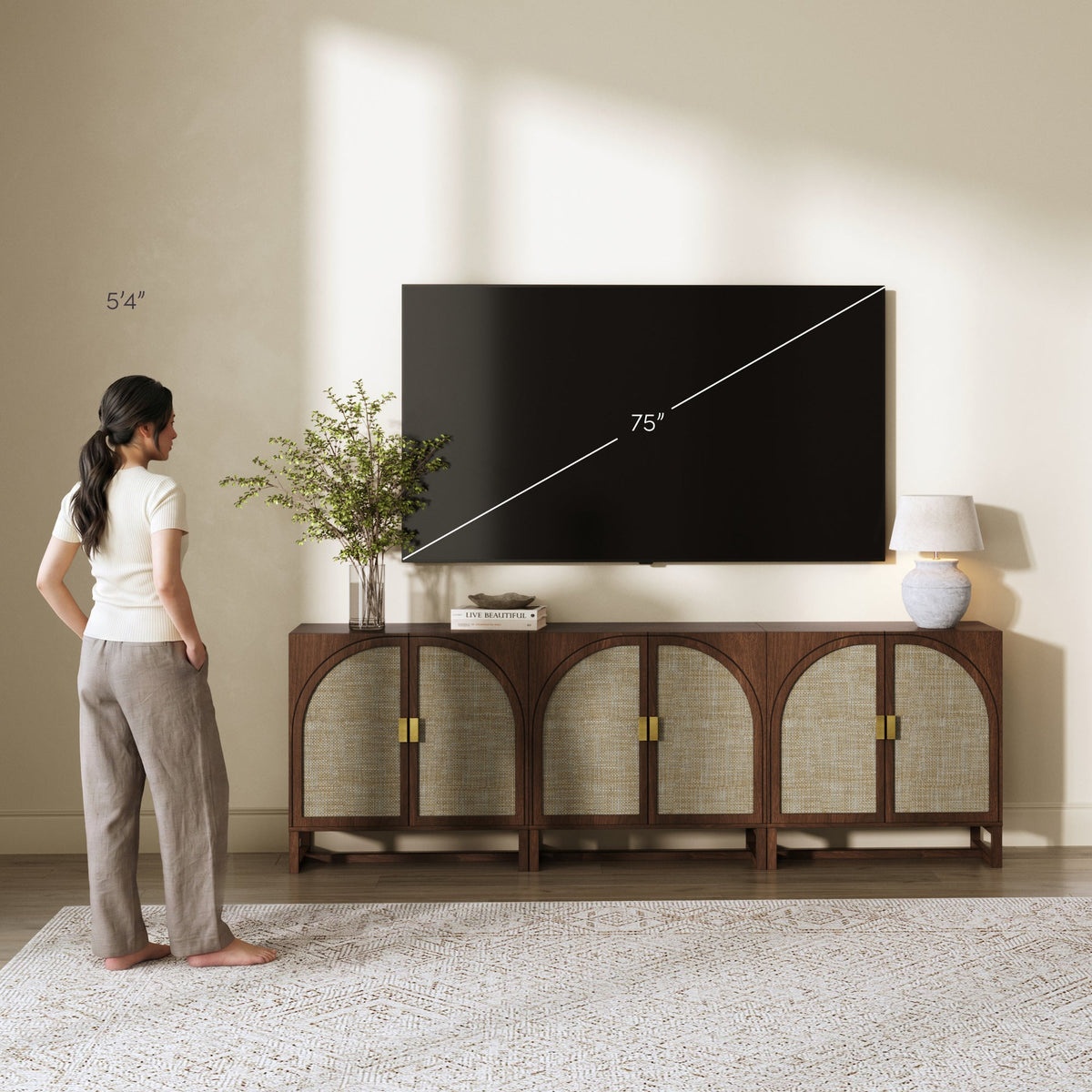 Rattan Arched TV Console Stand for TVs up to 75" Brown