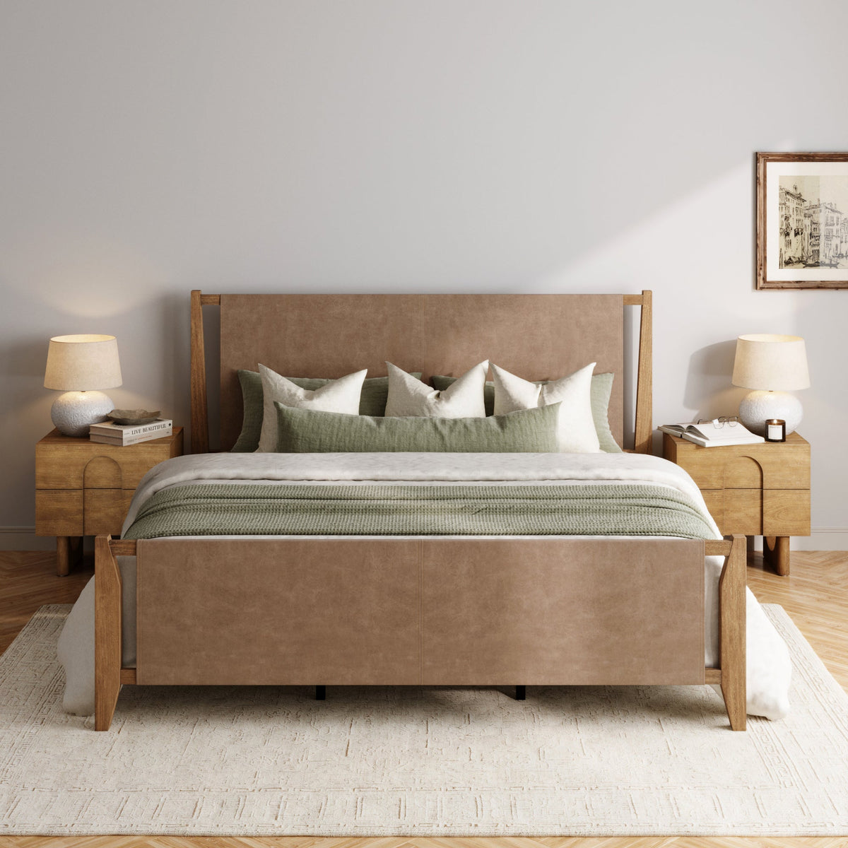 Faux Leather King Bed Frame with 2 Arched Nightstands Set