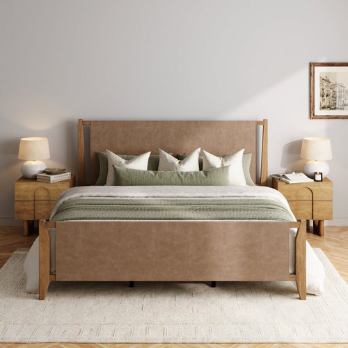 Faux Leather King Bed Frame with 2 Arched Nightstands Set