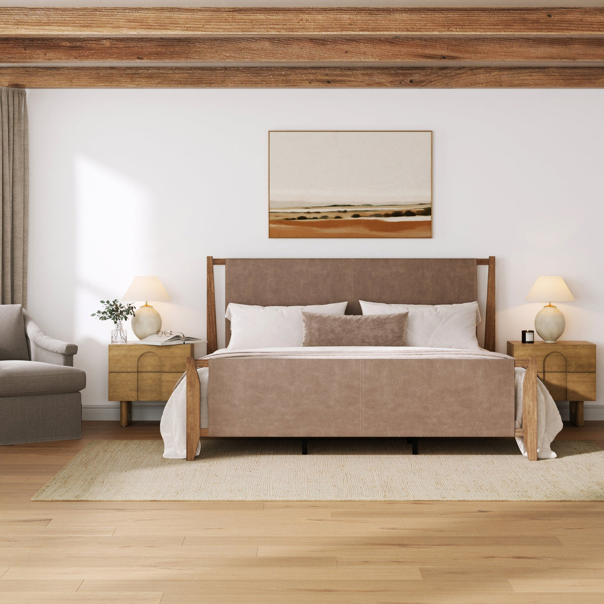 Faux Leather King Bed Frame with 2 Arched Nightstands Set