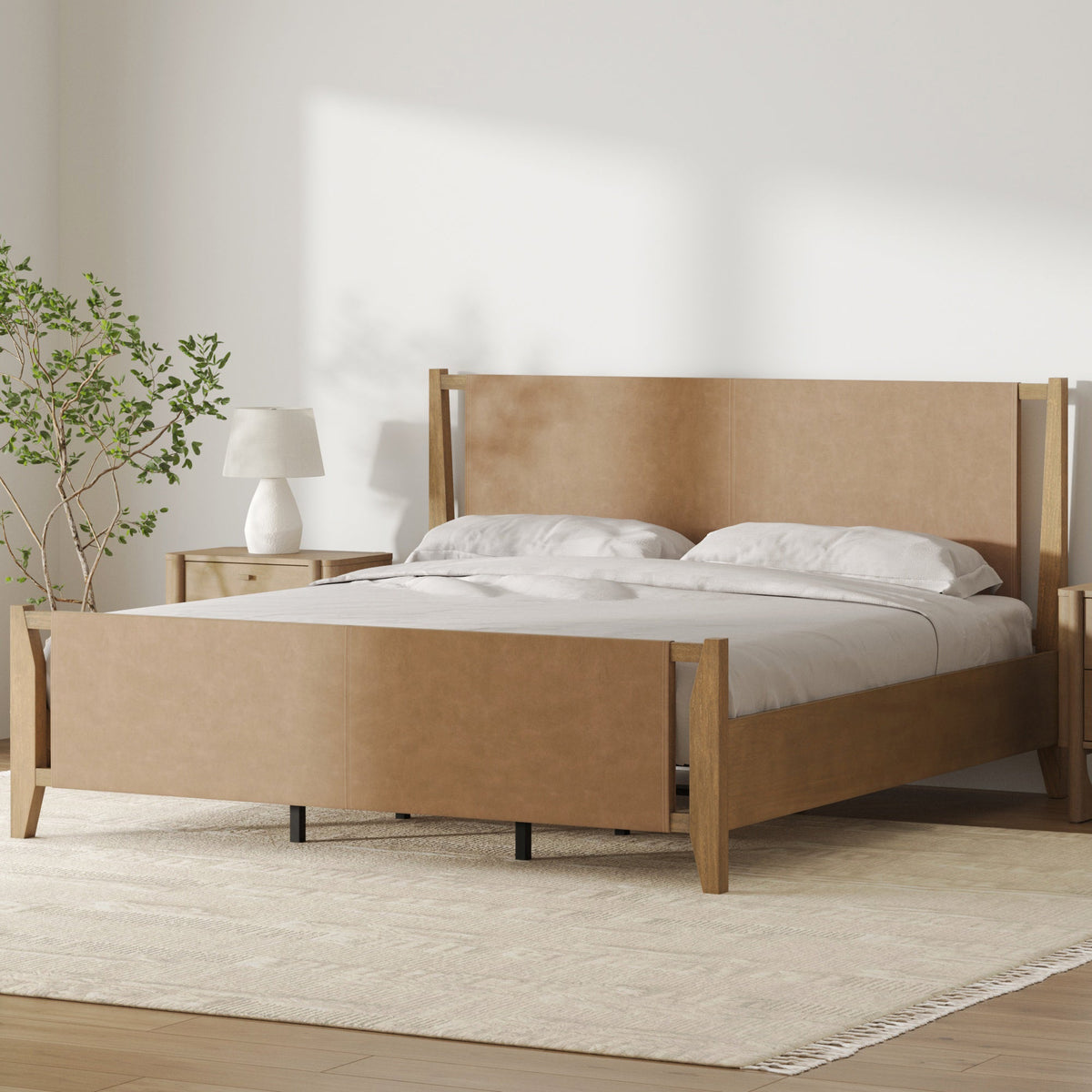 Wood & Faux Leather Bed Frame with Headboard Light Brown