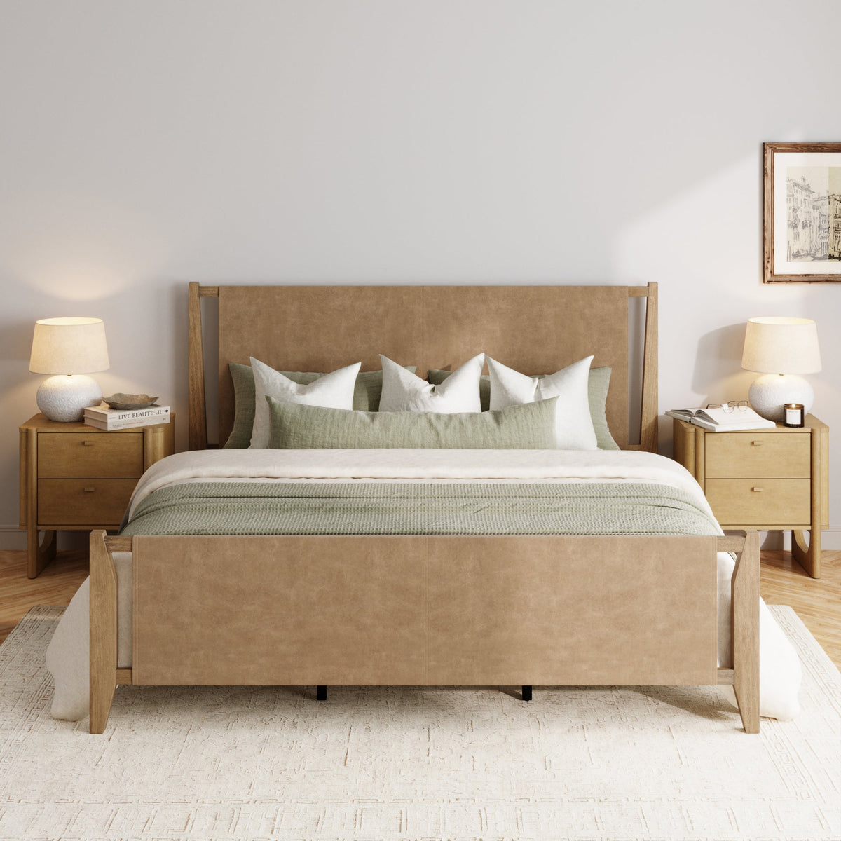 Wood & Faux Leather Bed Frame with Headboard Light Brown