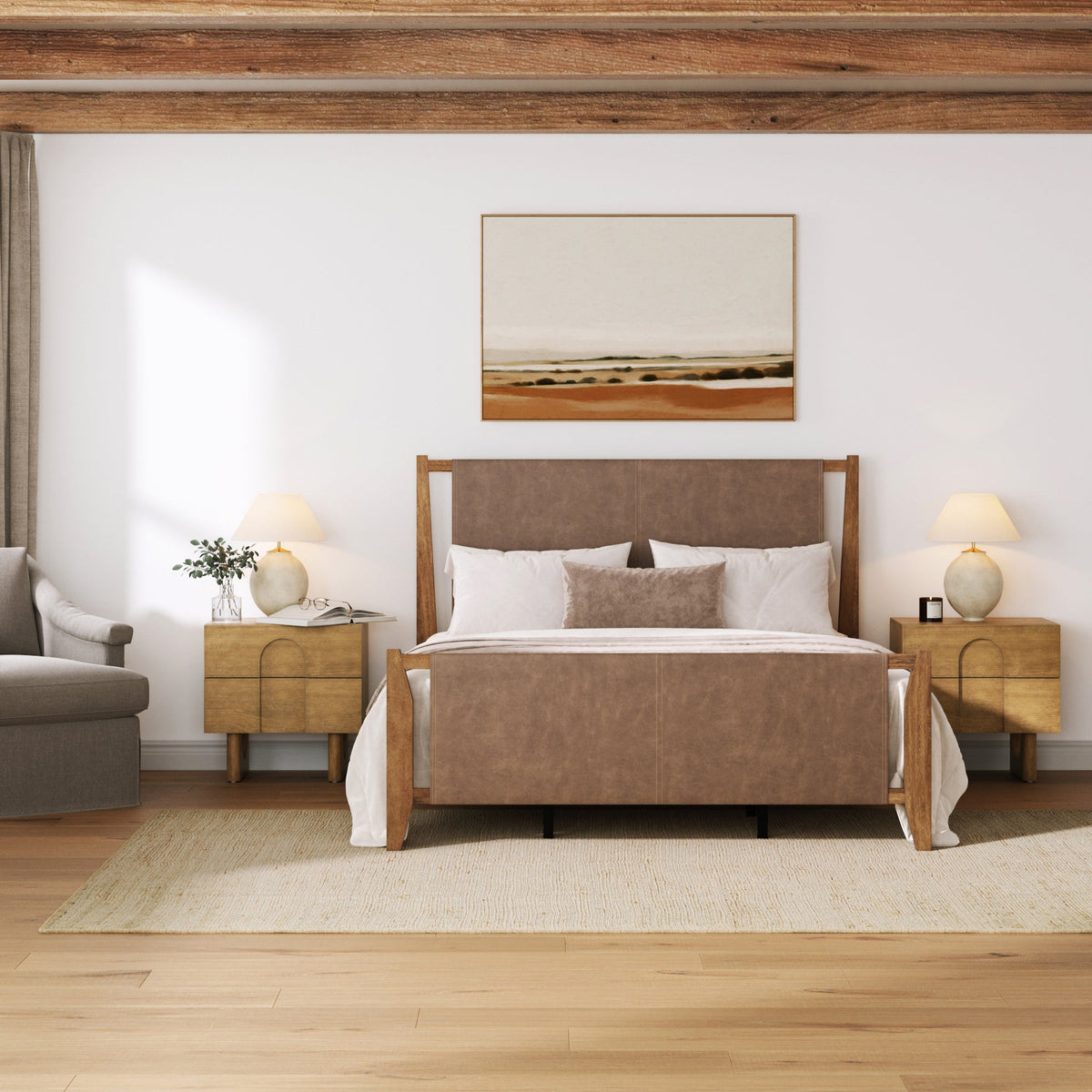 Faux Leather Queen Bed Frame with 2 Arched Nightstands
