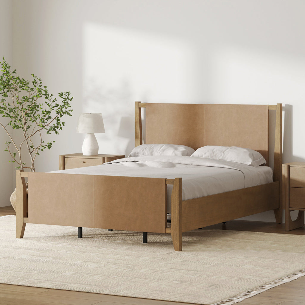 Wood & Faux Leather Bed Frame with Headboard Light Brown
