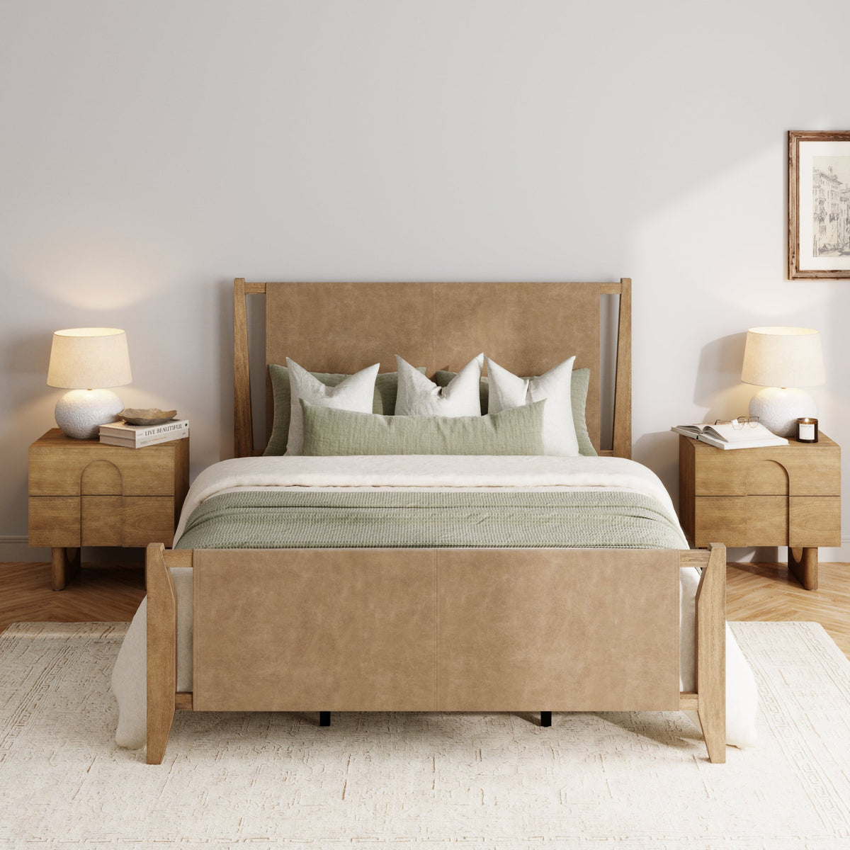 Wood & Faux Leather Bed Frame with Headboard Light Brown