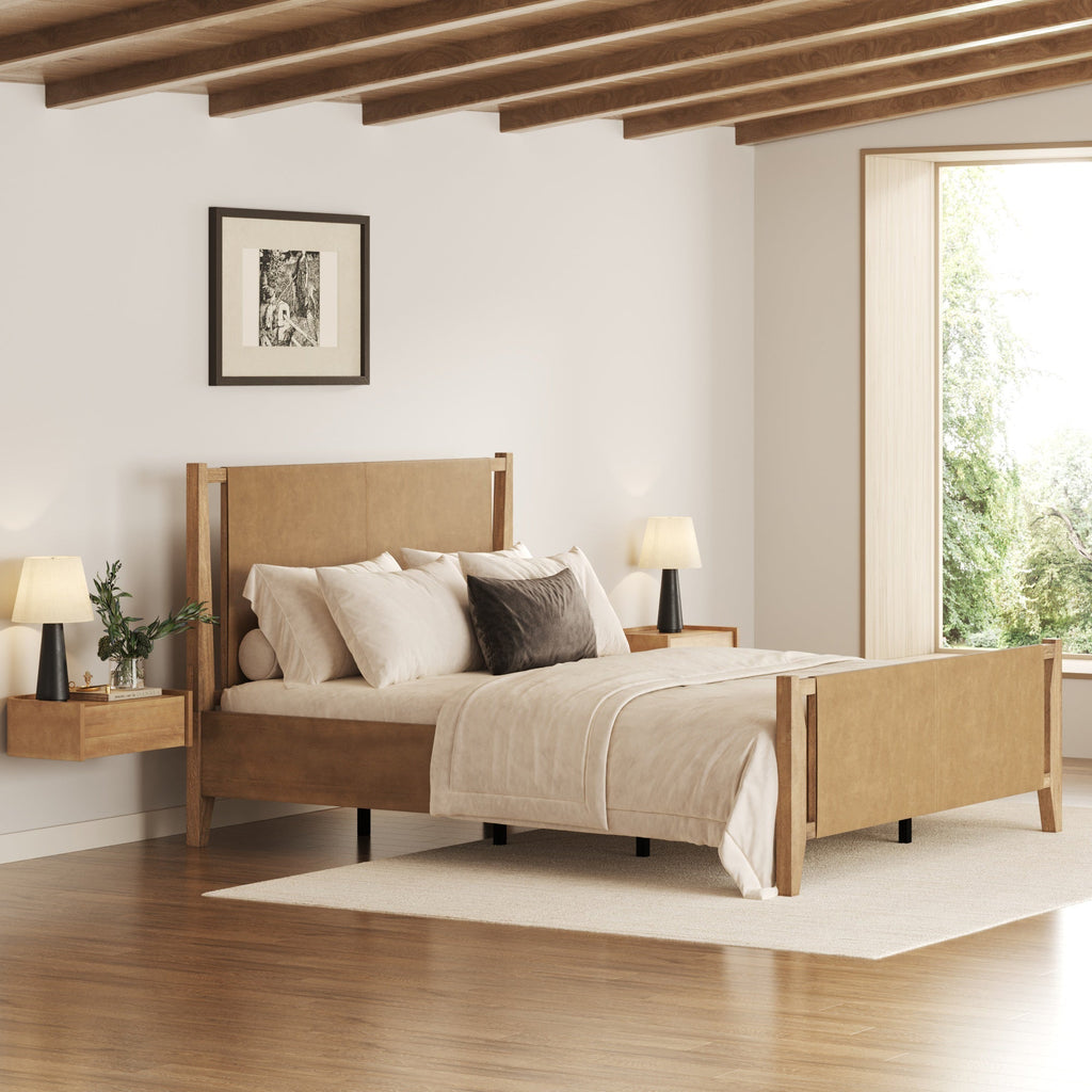 Wood & Faux Leather Bed Frame with Headboard Light Brown