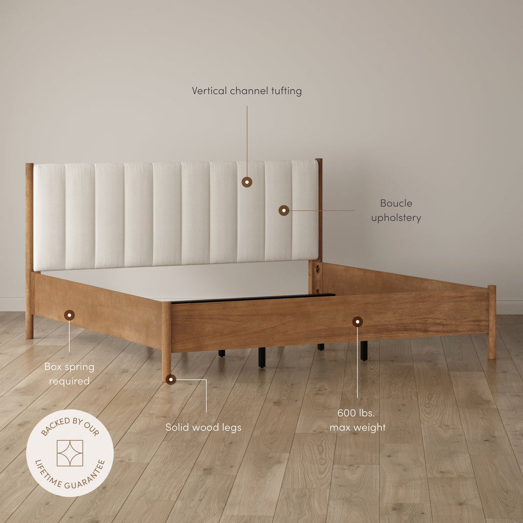 Mid-Century Upholstered Bed Frame with Boucle Headboard