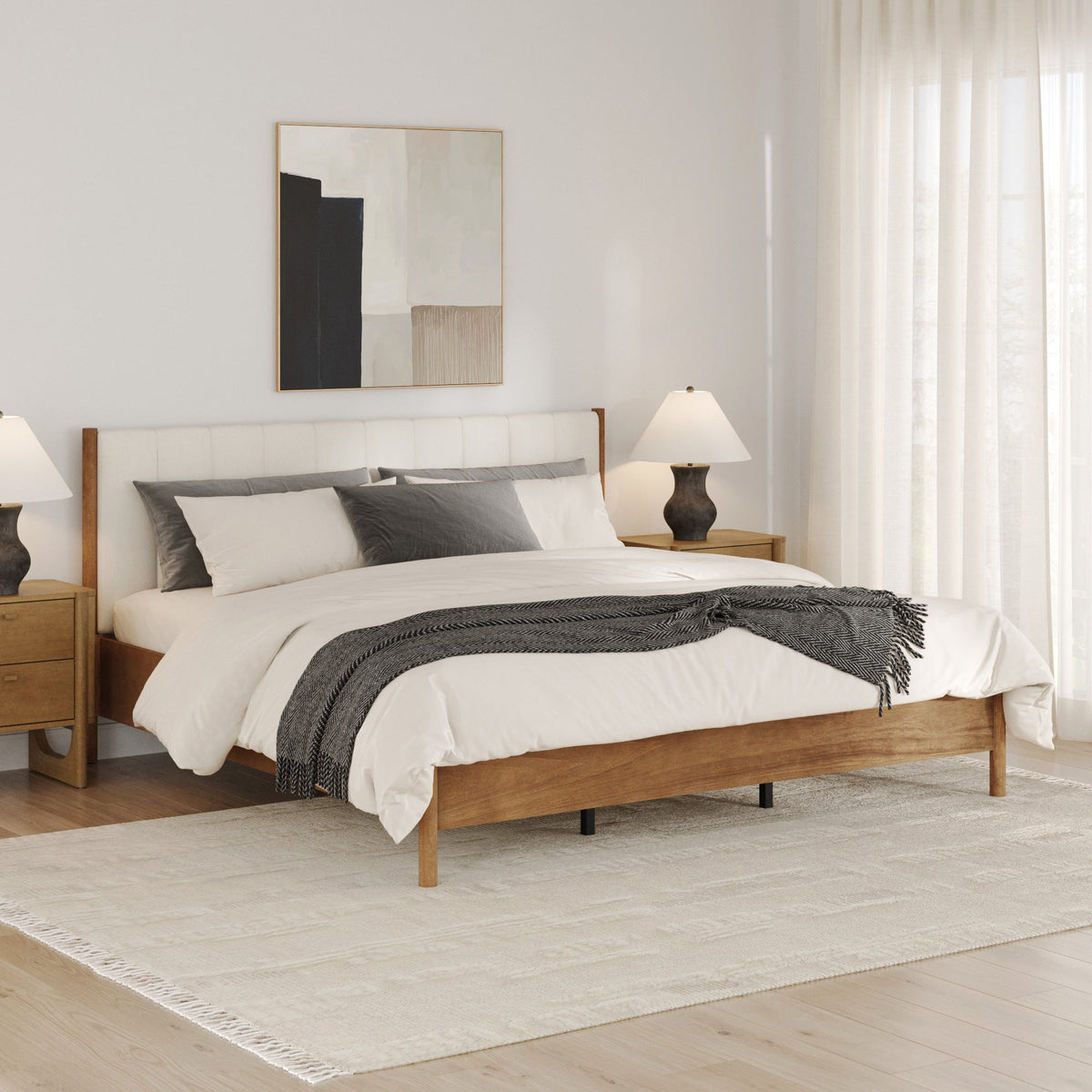 Mid-Century Upholstered Bed Frame with Boucle Headboard