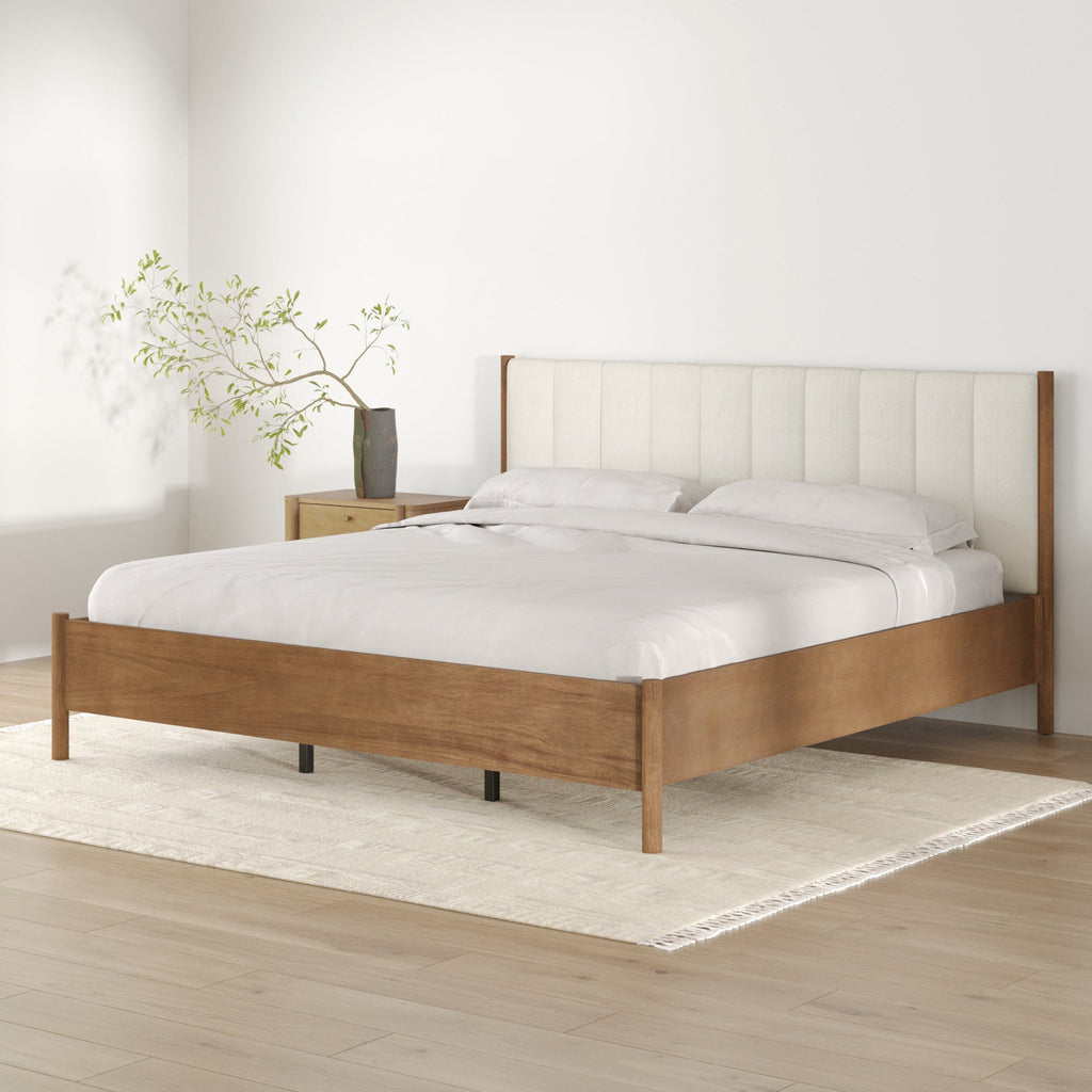 Mid-Century Upholstered Bed Frame with Boucle Headboard