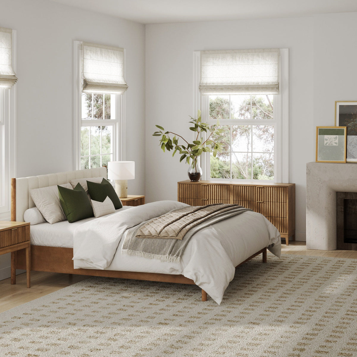 Mid-Century Upholstered Bed Frame with Boucle Headboard