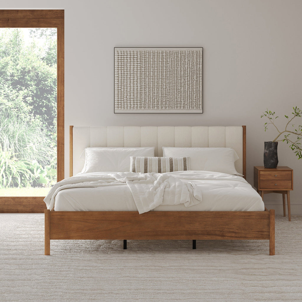 Mid-Century Upholstered Bed Frame with Boucle Headboard