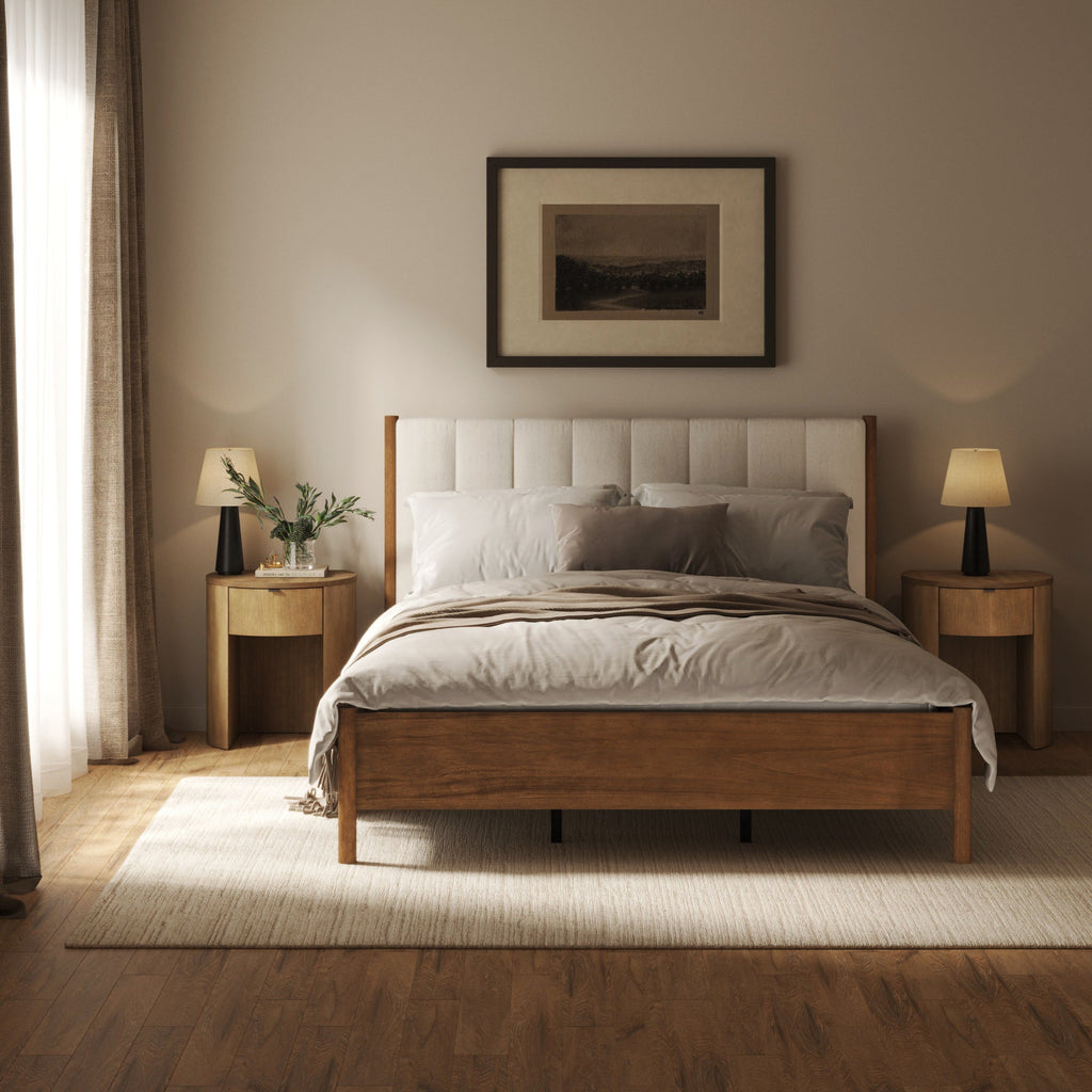 Modern Queen Bed Frame and 2 Curved Nightstands Set Light