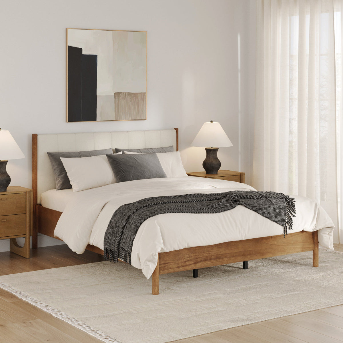 Mid-Century Upholstered Bed Frame with Boucle Headboard
