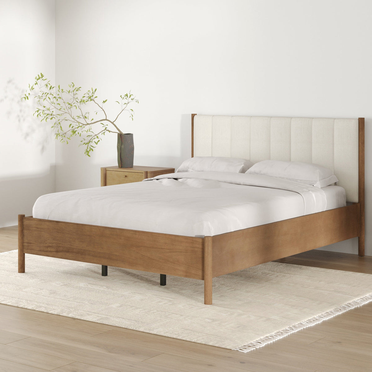 Mid-Century Upholstered Bed Frame with Boucle Headboard