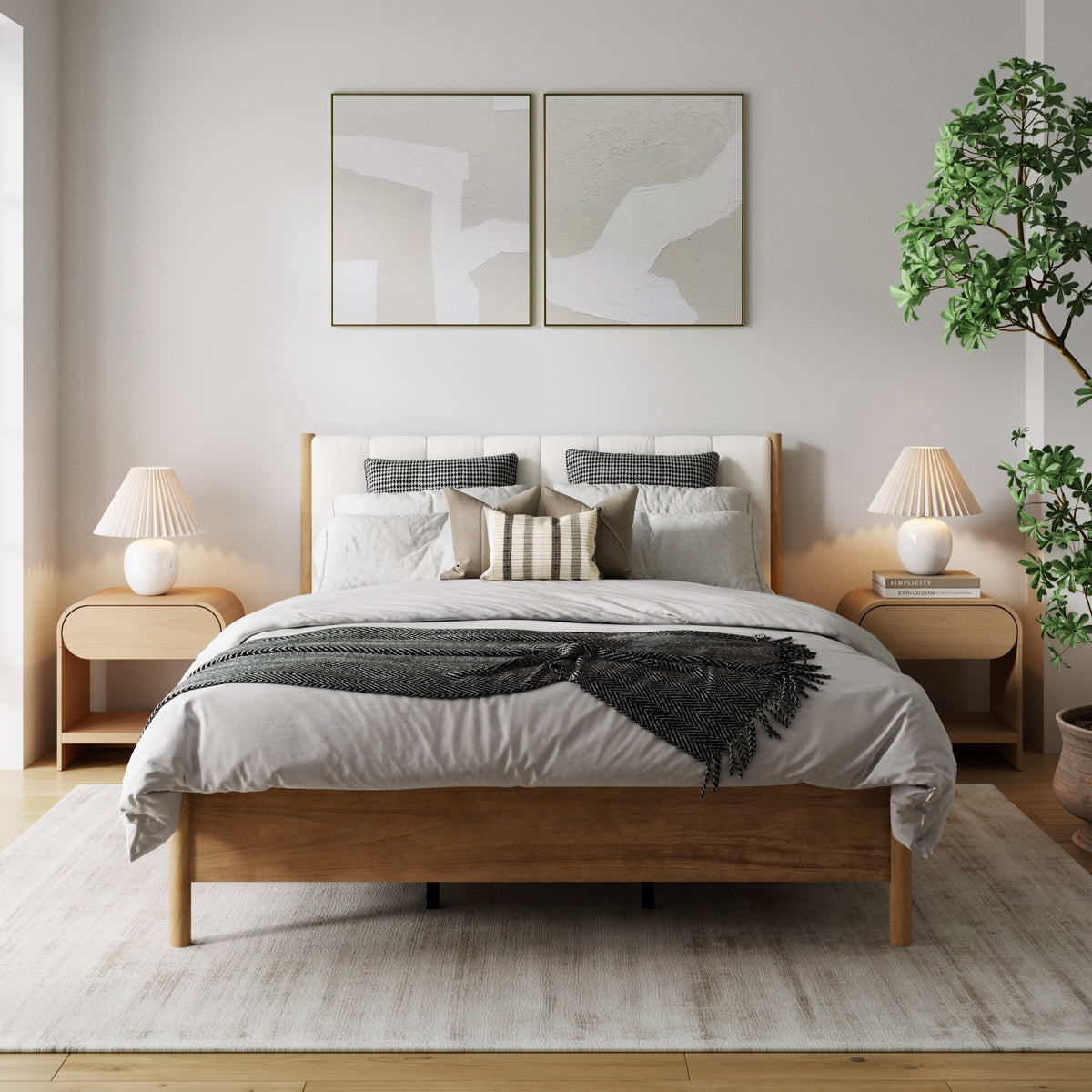 Mid-Century Upholstered Bed Frame with Boucle Headboard