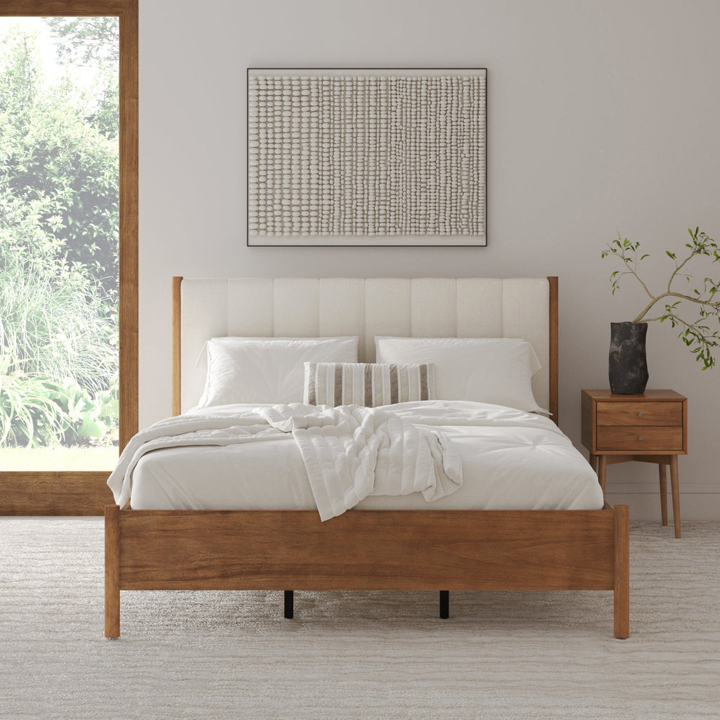Mid-Century Upholstered Bed Frame with Boucle Headboard