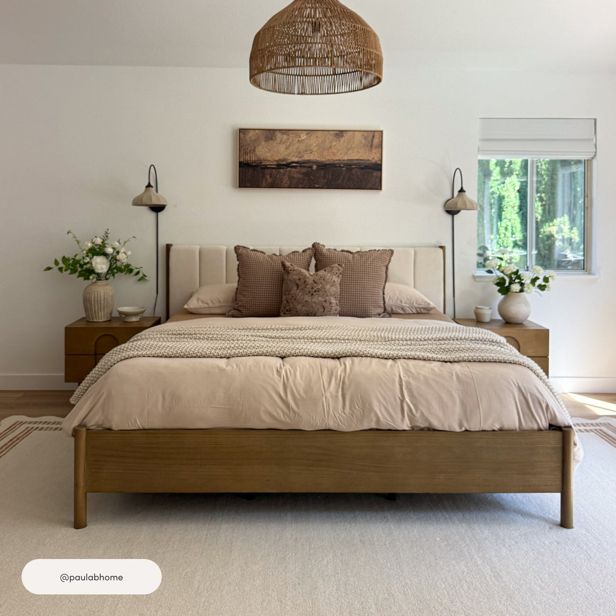 Mid-Century Upholstered Bed Frame with Boucle Headboard