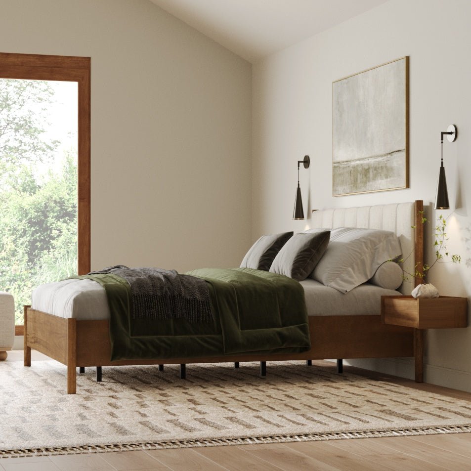 Mid-Century Upholstered Bed Frame with Boucle Headboard