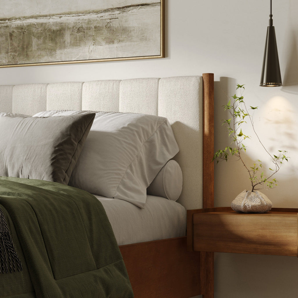 Mid-Century Upholstered Bed Frame with Boucle Headboard