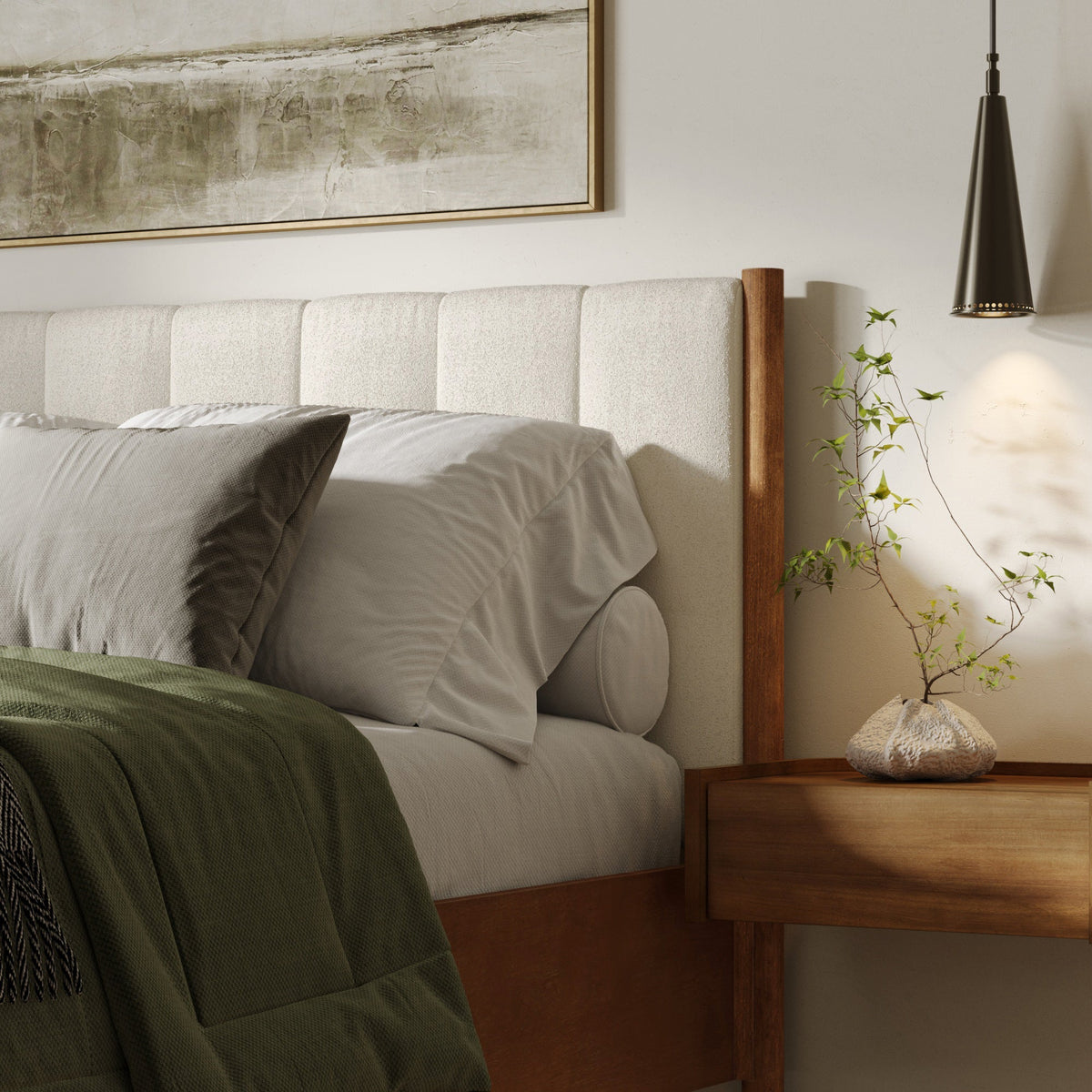 Mid-Century Upholstered Bed Frame with Boucle Headboard