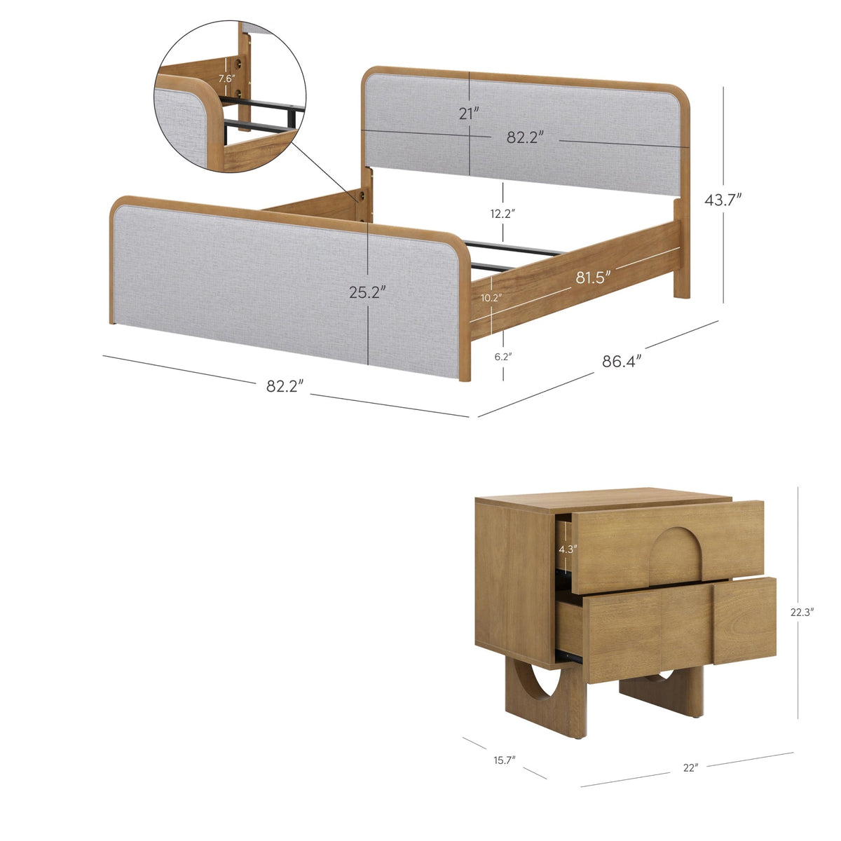 King Bedroom Set with 2 Arched Nightstands Gray/Light