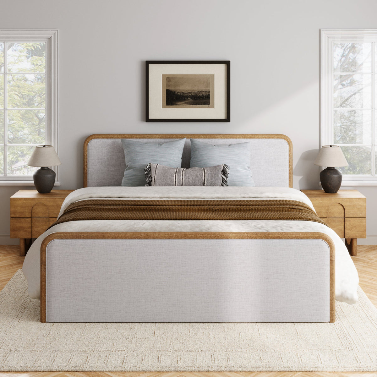 King Bedroom Set with 2 Arched Nightstands Gray/Light
