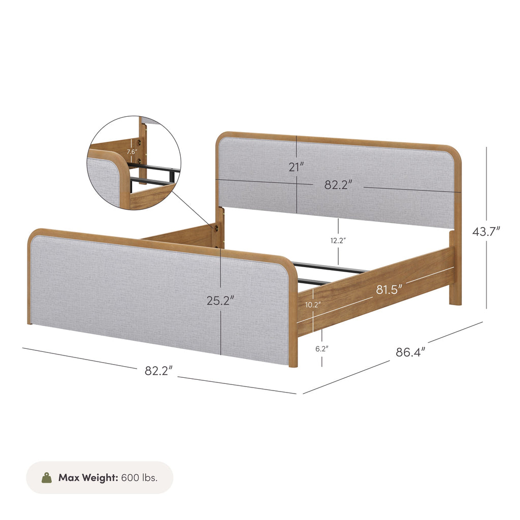 Wood Bed Frame in Feather Gray Upholstery | Size King