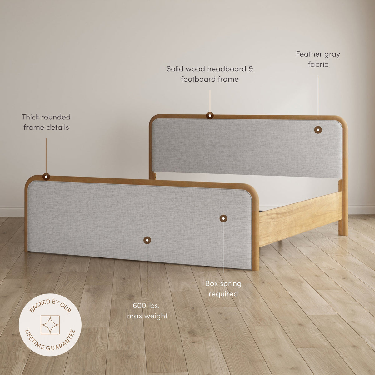 Wood Bed Frame in Feather Gray Upholstery | Size King