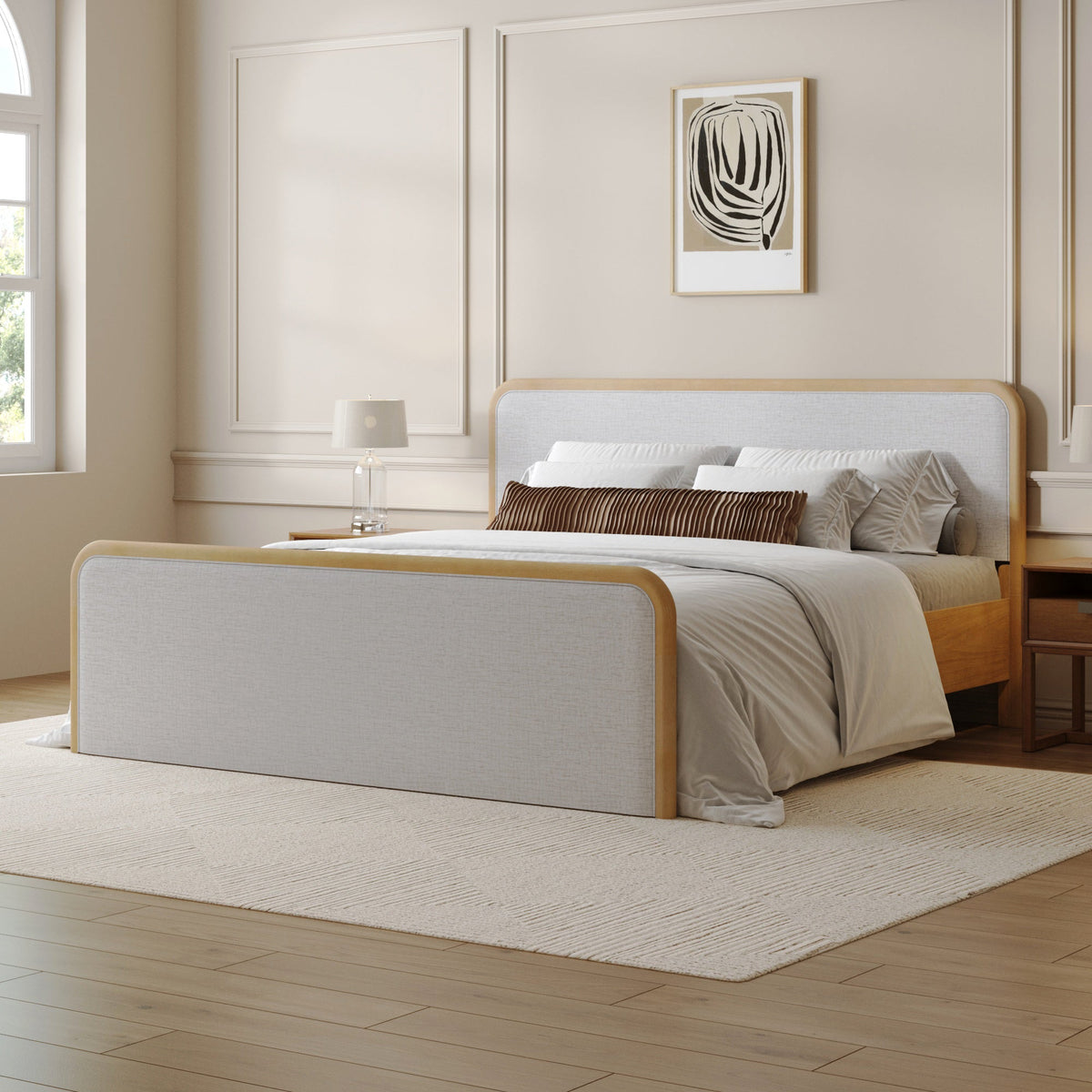 Wood Bed Frame in Feather Gray Upholstery | Size King