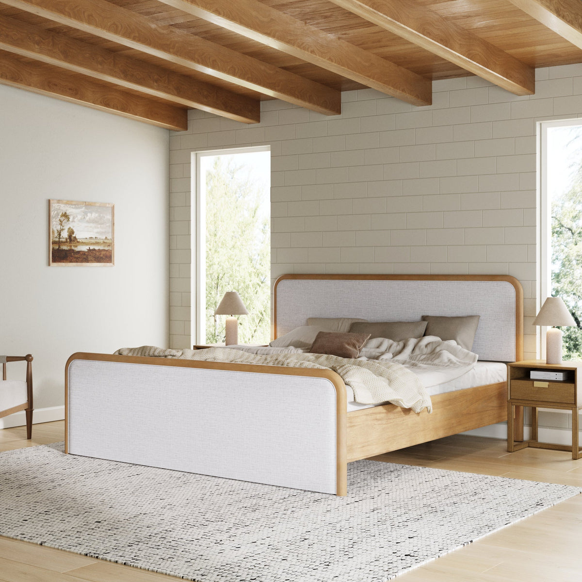 Wood Bed Frame in Feather Gray Upholstery | Size King
