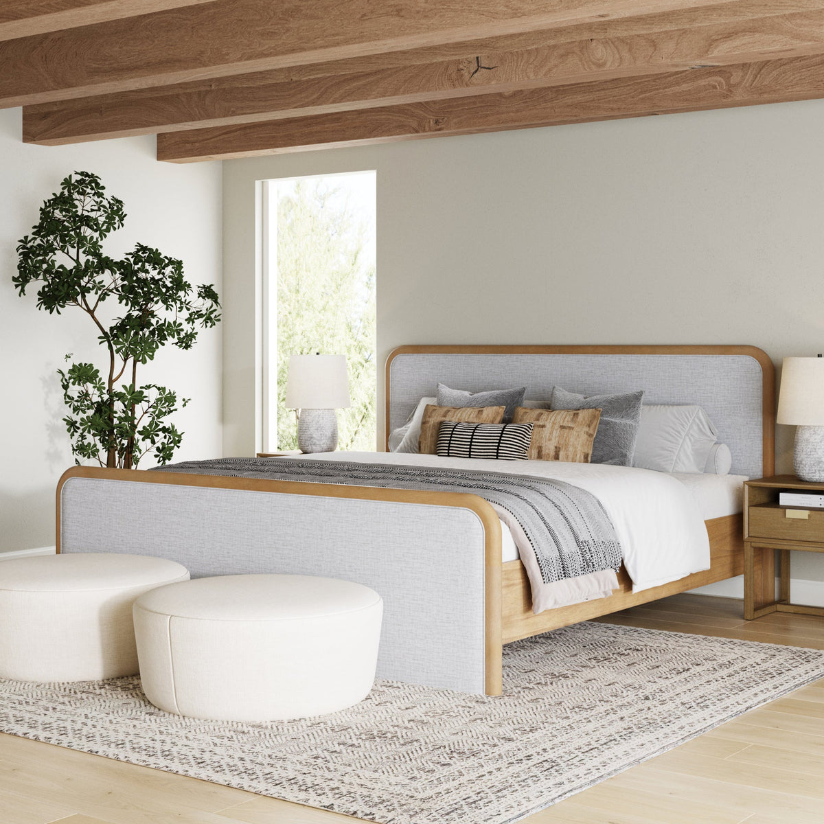 Wood Bed Frame in Feather Gray Upholstery | Size King