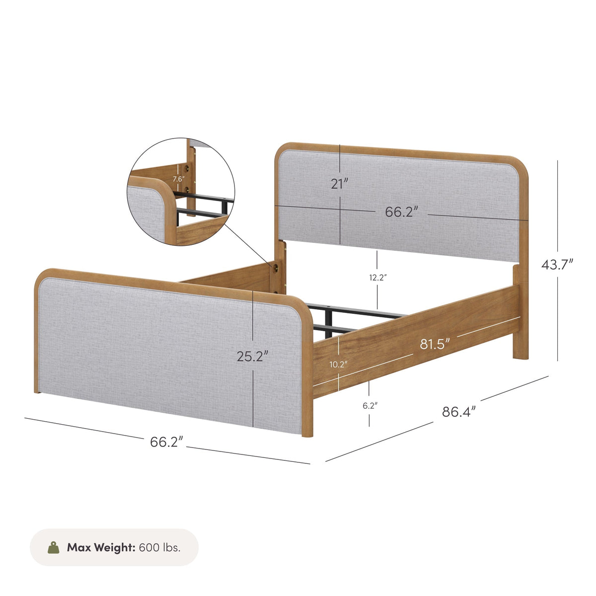 Wood Bed Frame in Feather Gray Upholstery | Size Queen