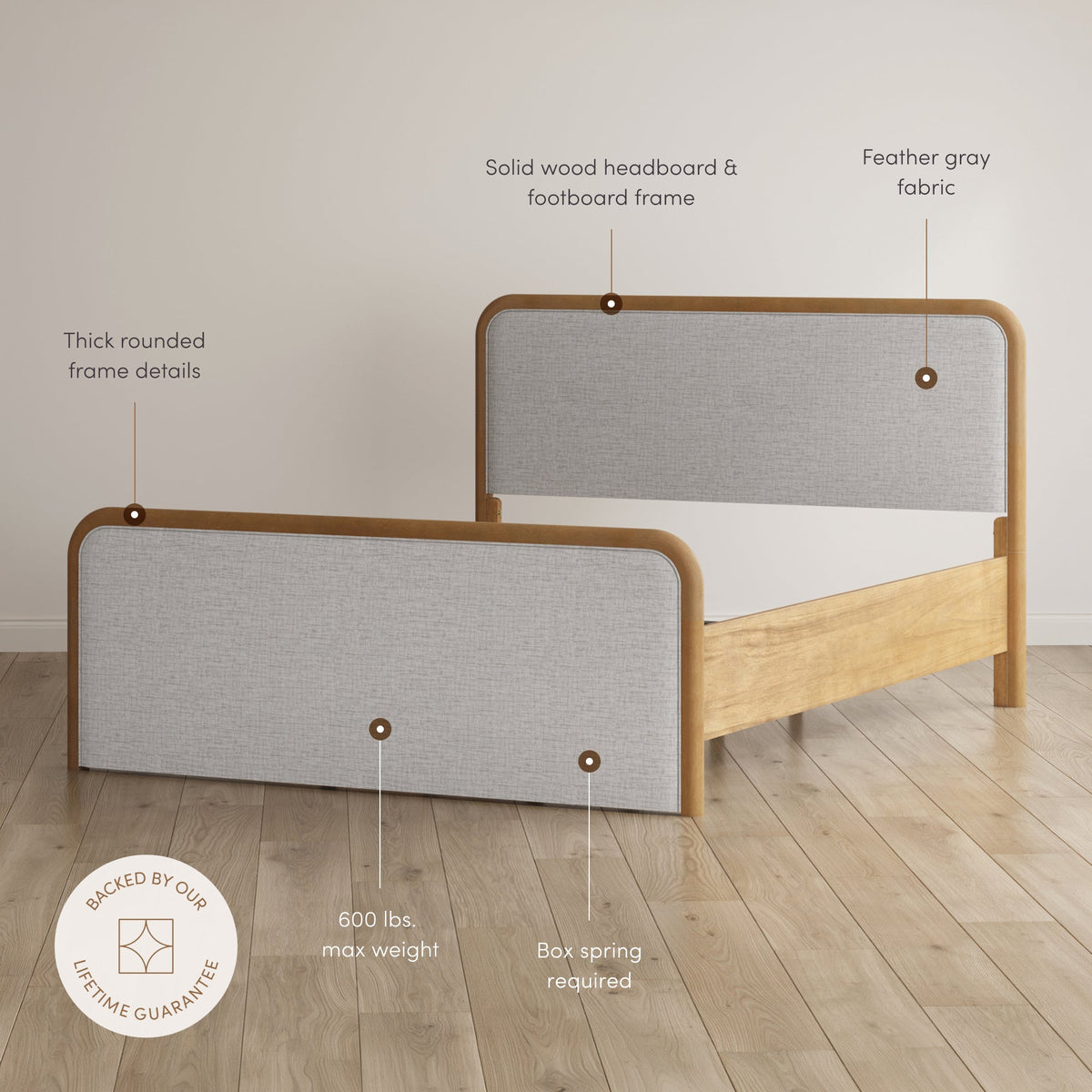 Wood Bed Frame in Feather Gray Upholstery | Size Queen