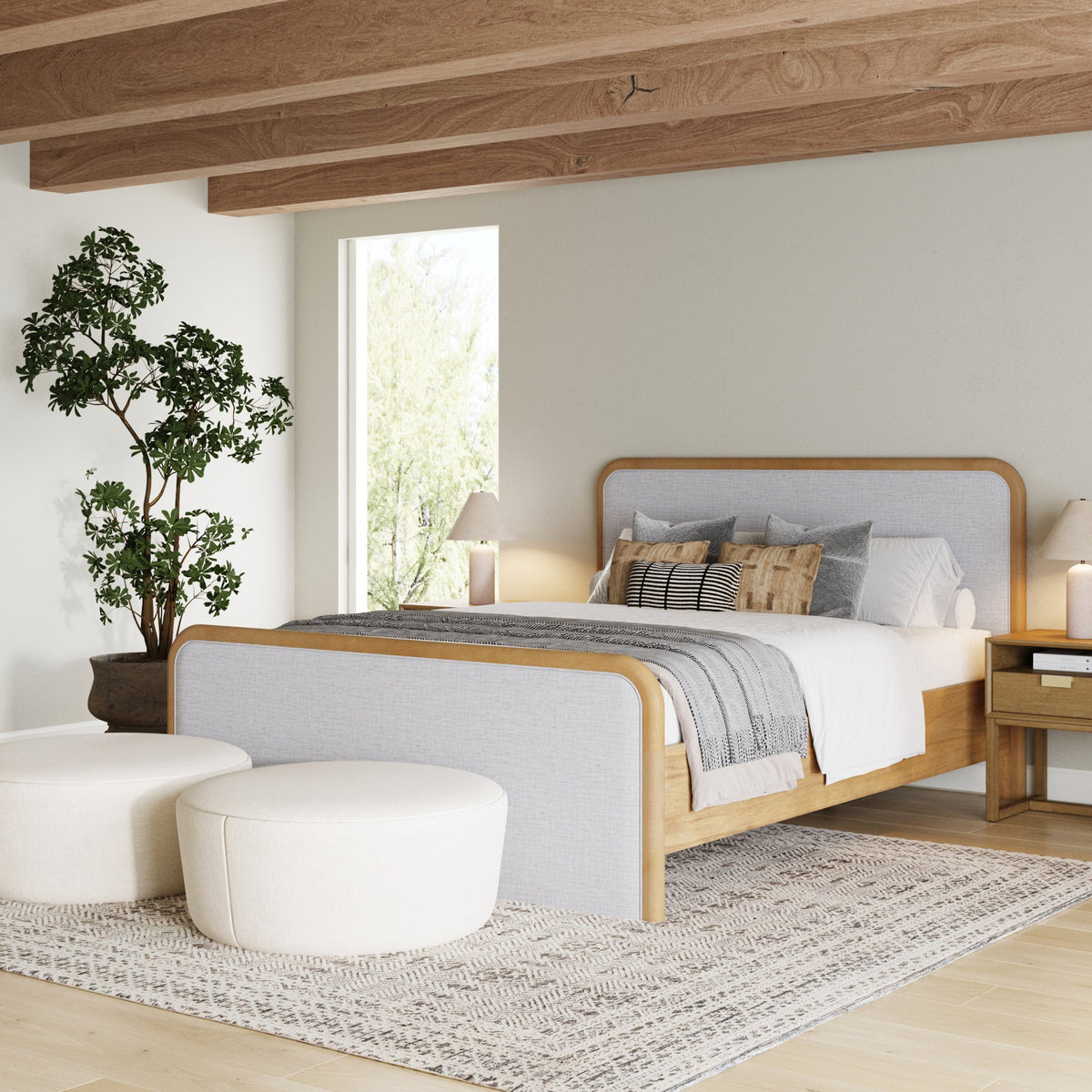Wood Bed Frame in Feather Gray Upholstery | Size Queen
