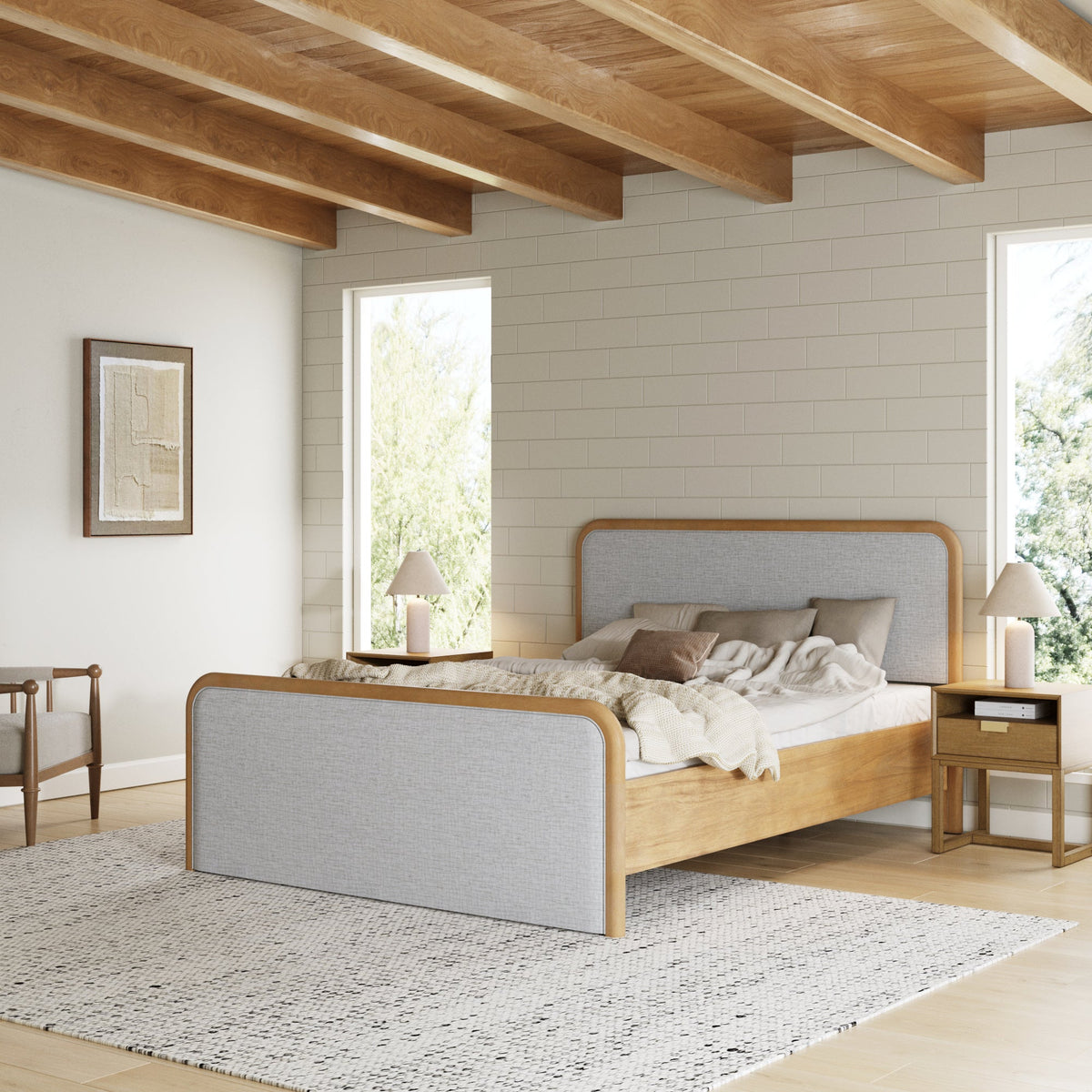 Wood Bed Frame in Feather Gray Upholstery | Size Queen