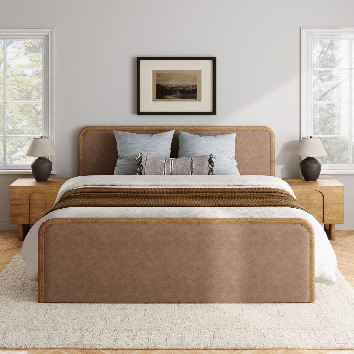King Rounded Faux Leather Bed Frame with 2 Nightstands