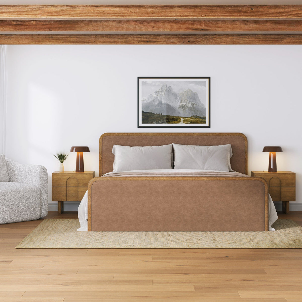 King Rounded Faux Leather Bed Frame with 2 Nightstands