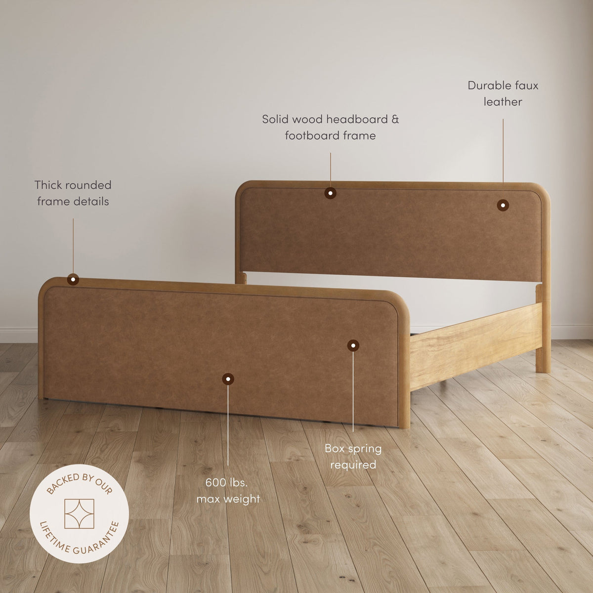 Wood Bed Frame in Light Brown Faux Leather | Size King