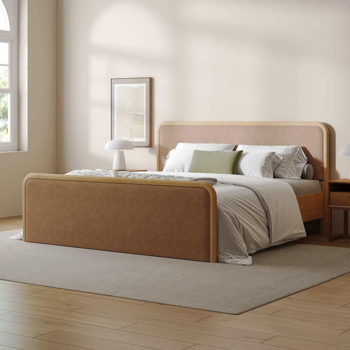 Wood Bed Frame in Light Brown Faux Leather | Size King