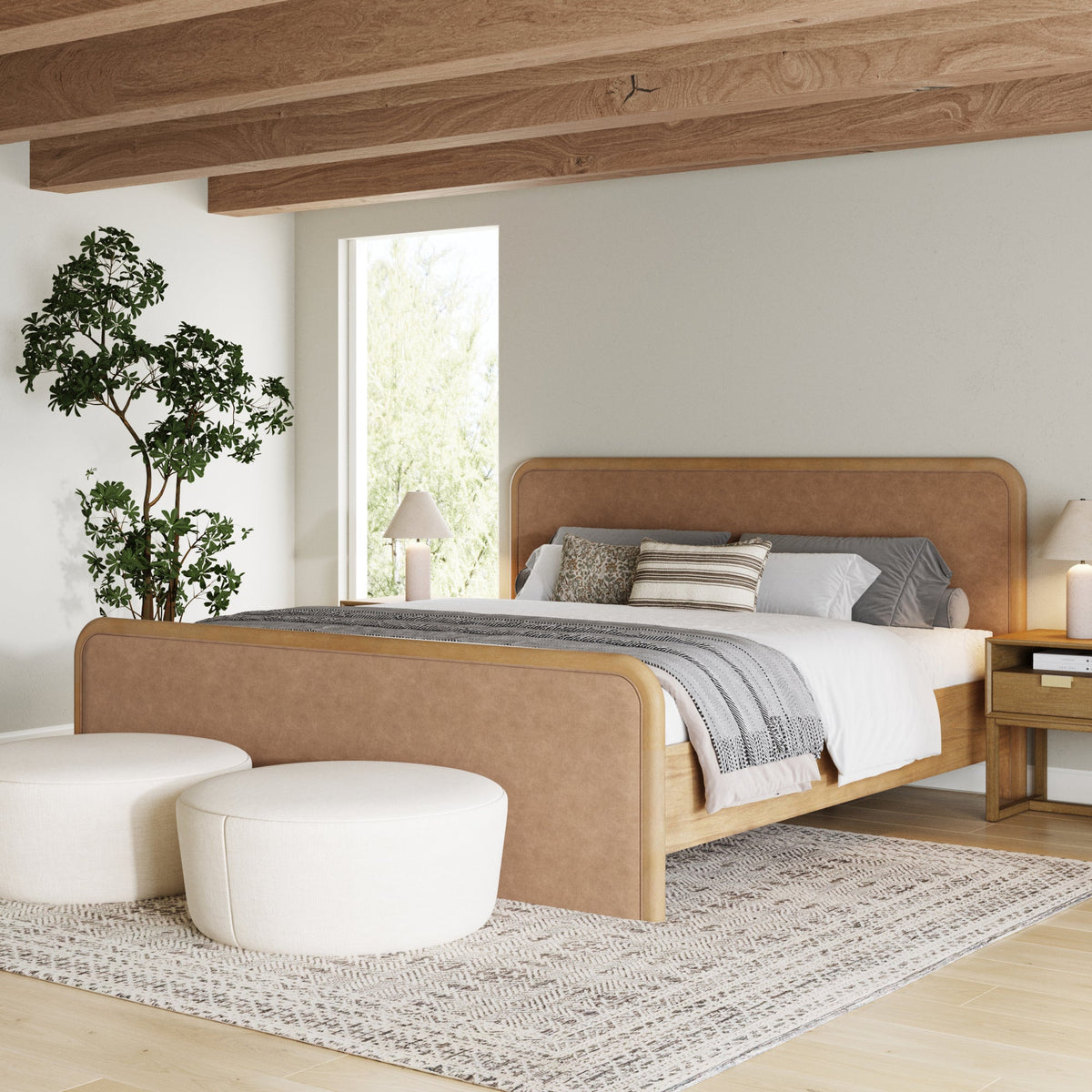 Wood Bed Frame in Light Brown Faux Leather | Size King