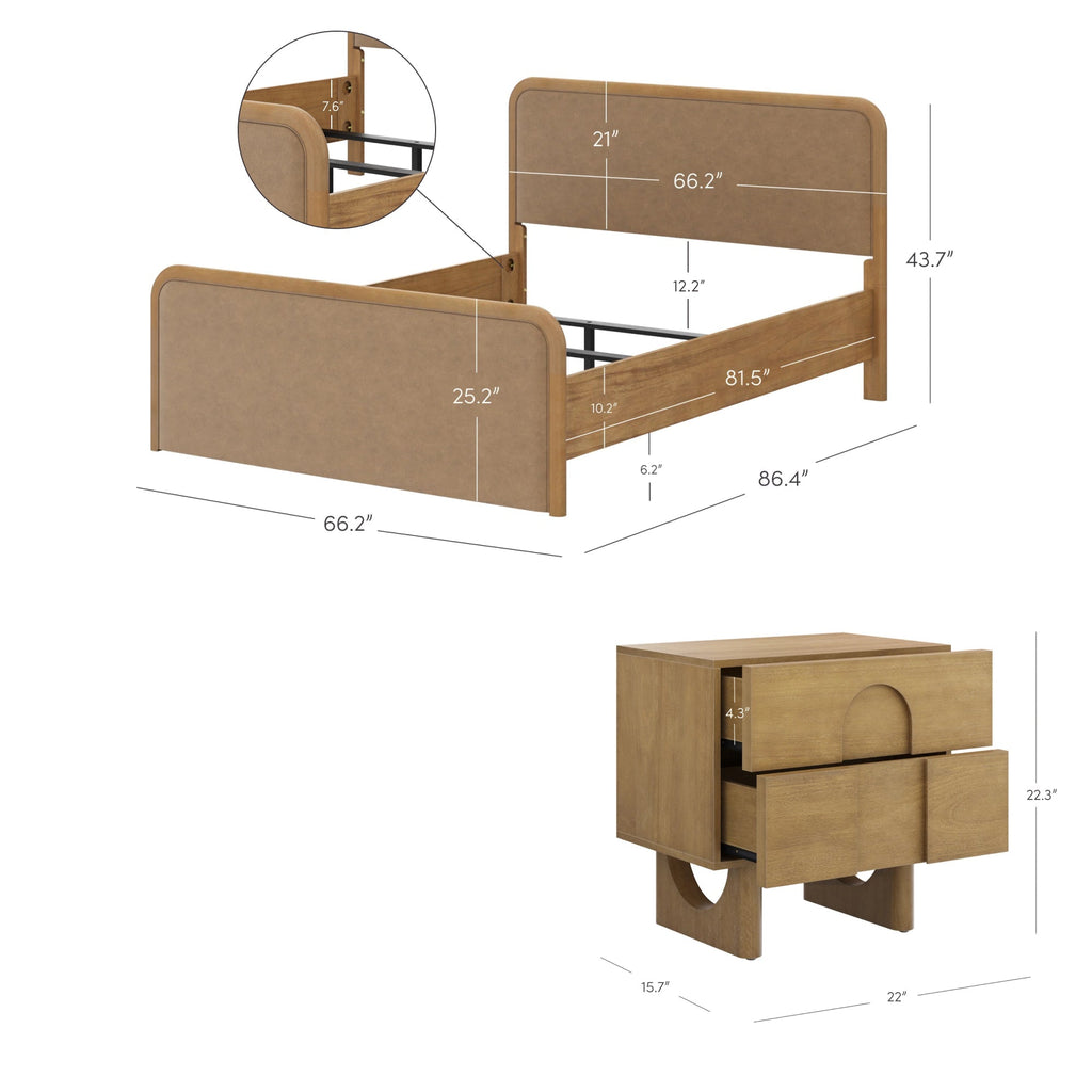 Queen Rounded Faux Leather Bed Frame with 2 Nightstands