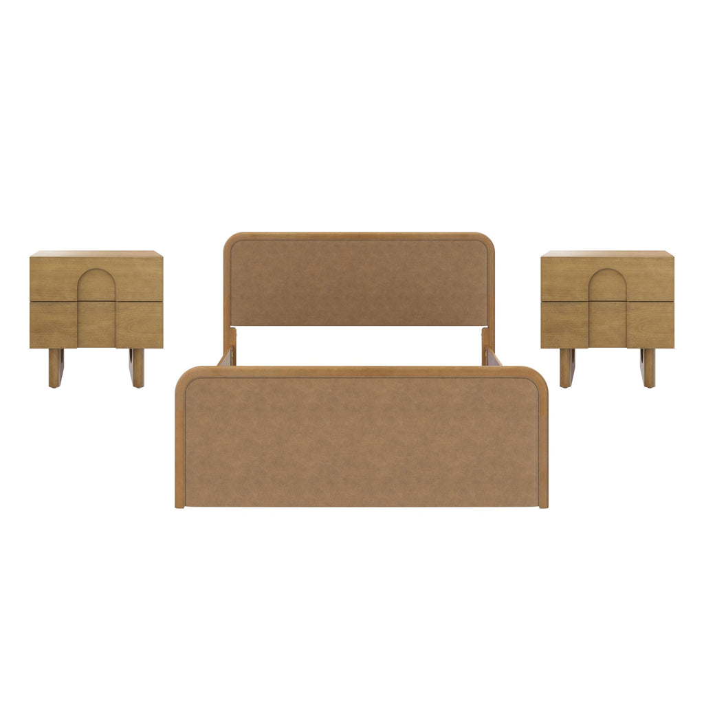 Queen Rounded Faux Leather Bed Frame with 2 Nightstands