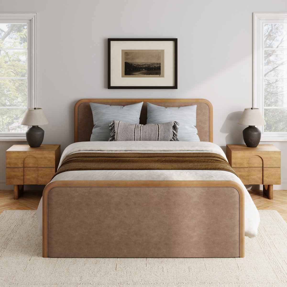 Queen Rounded Faux Leather Bed Frame with 2 Nightstands