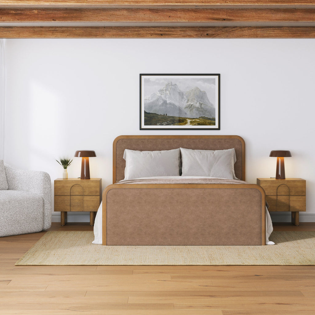 Queen Rounded Faux Leather Bed Frame with 2 Nightstands