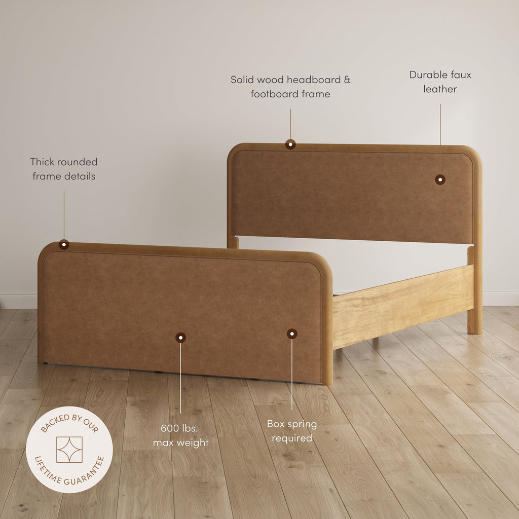 Wood Bed Frame in Light Brown Faux Leather | Size Queen