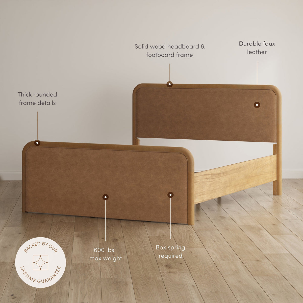 Queen Rounded Faux Leather Bed Frame with 2 Nightstands