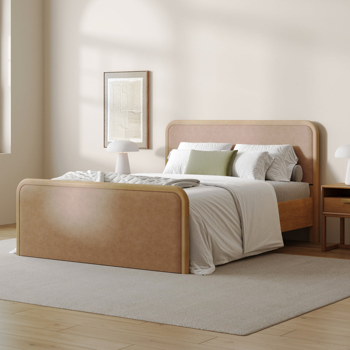 Wood Bed Frame in Light Brown Faux Leather | Size Queen